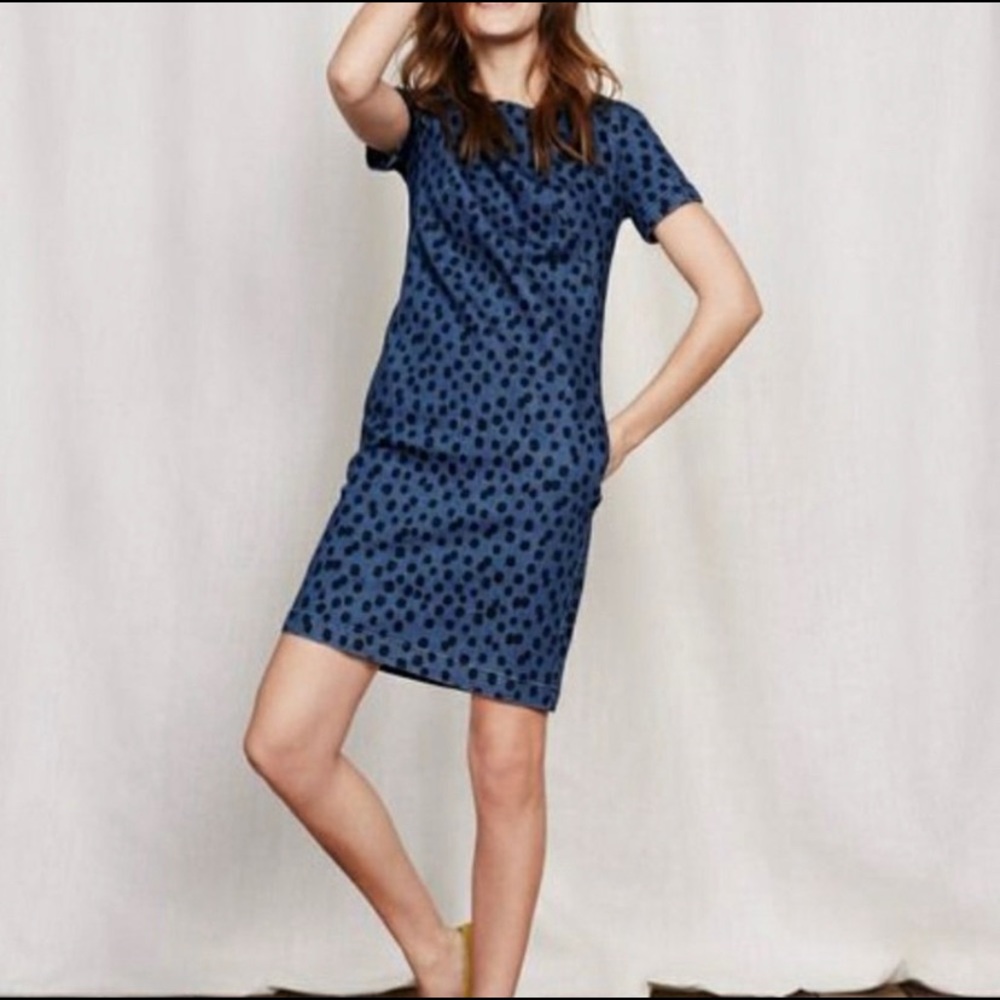 Boden Denim Polka Dot Sheath Dress 4 Navy Blue Short Sleeve